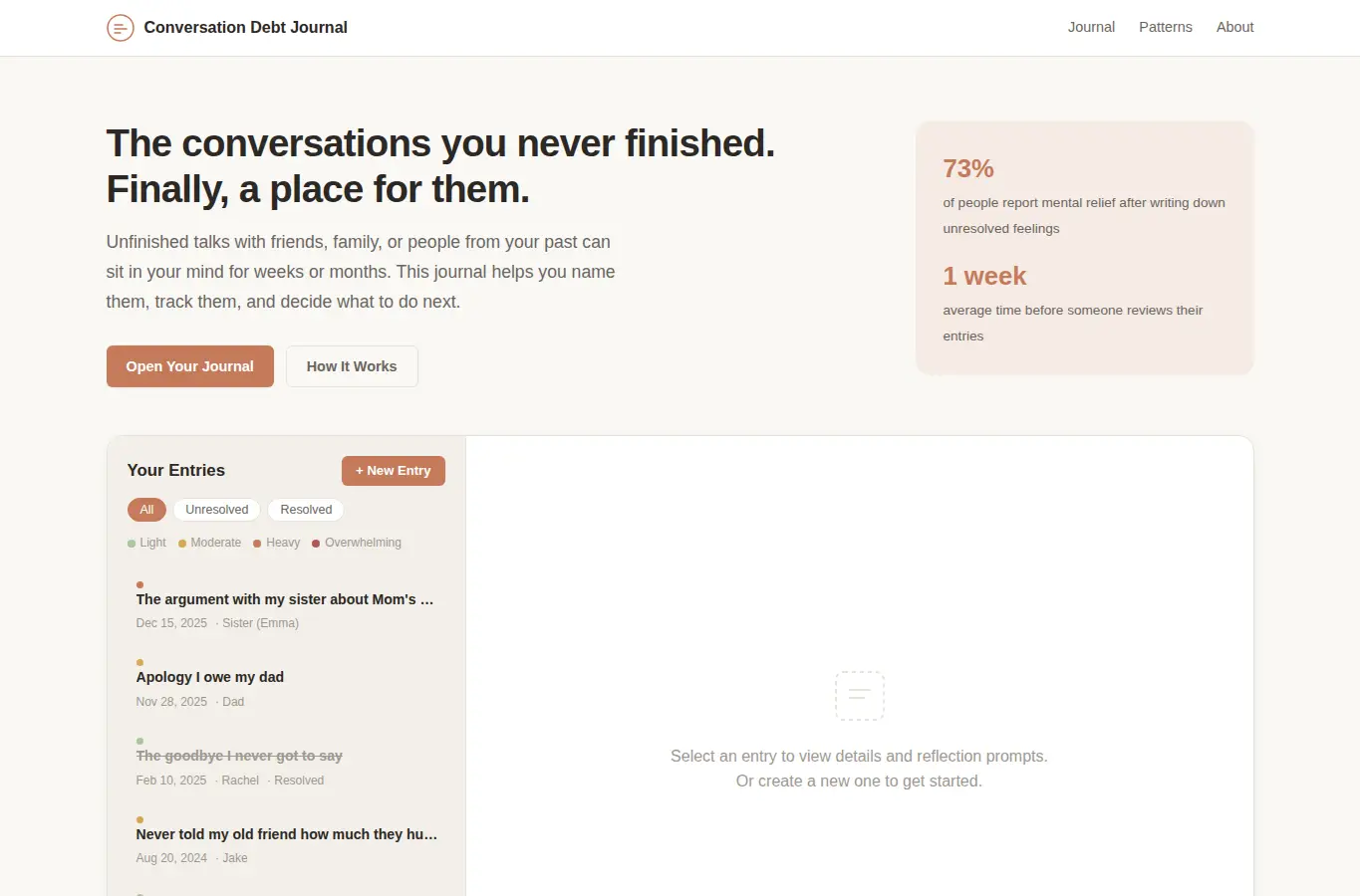 Screenshot of Conversation Debt Journal interface showing the project page in use